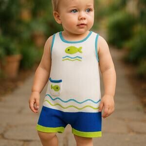 Zackali 4 Kids Nautical White and Blue Romper Fish Green Knit 6 Mo